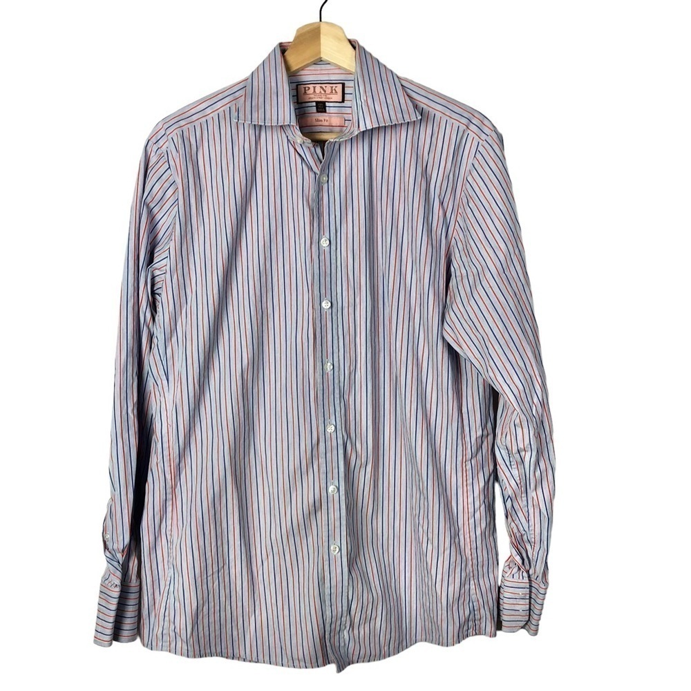 Thomas Pink Blue & Red Stripe Slim Fit Long Sleeve Button Down 15.5 / M